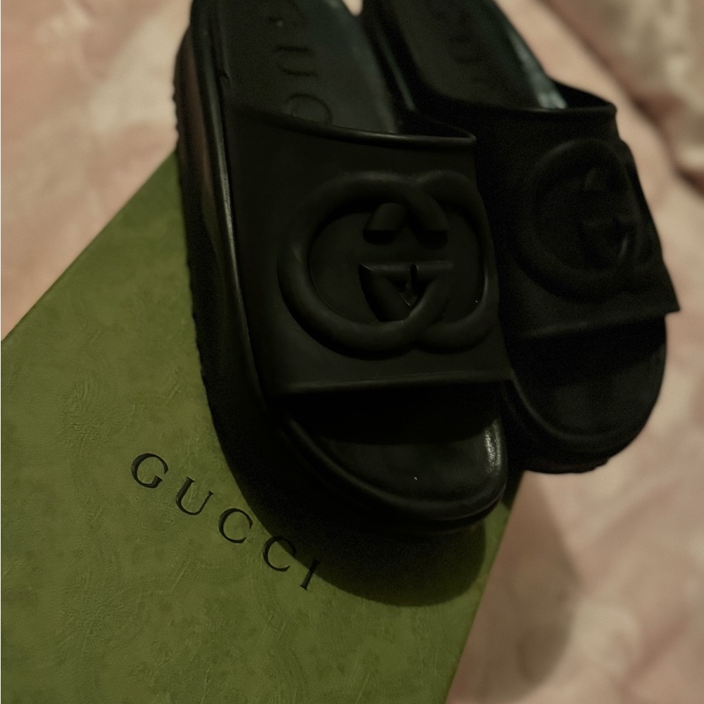 Gucci Black Embossed Logo Slides